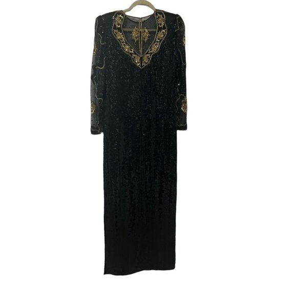 Judith Ann Creations Black & Gold 100% Silk Sequins Beaded Long Sleeve Gown Sz S